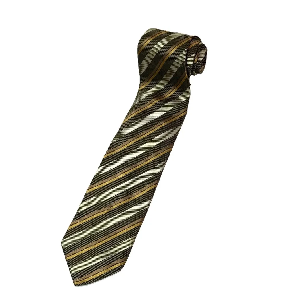 Alexander Julian Colours Silk Necktie Brown Gold Olive Striped Diagonal Pattern